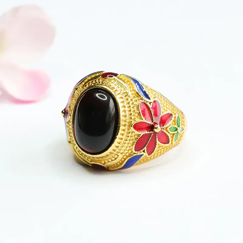 Guan Yu Ethnic Amber Ring Blood Red Floral Design - Image 4