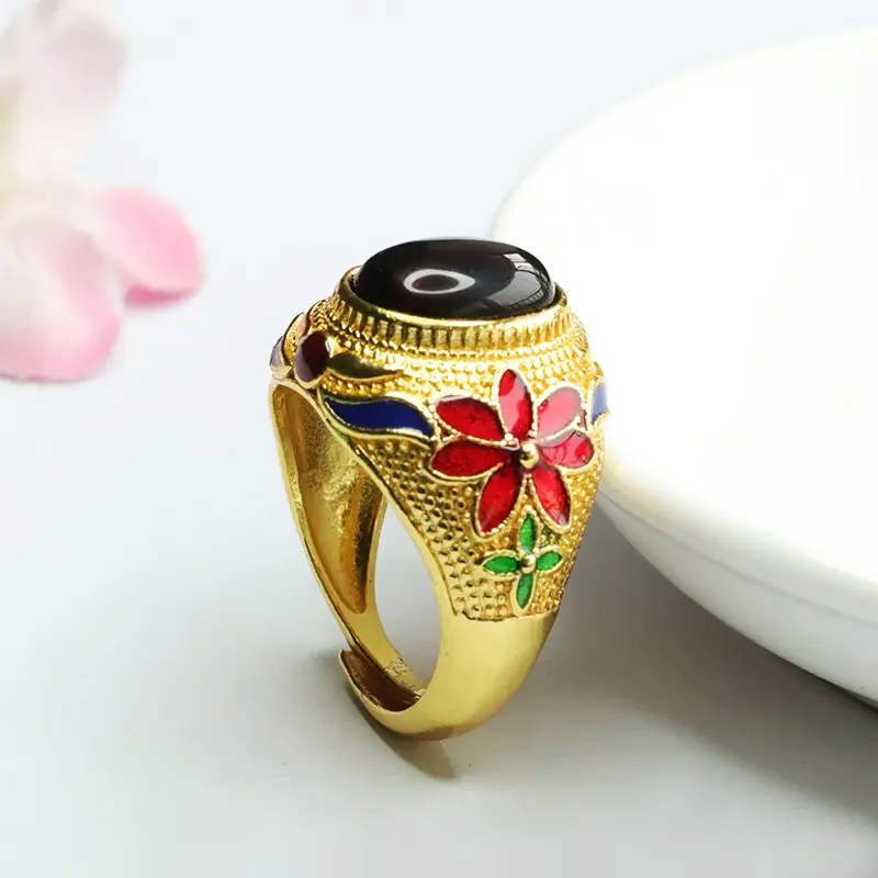 Guan Yu Ethnic Amber Ring Blood Red Floral Design - Image 5