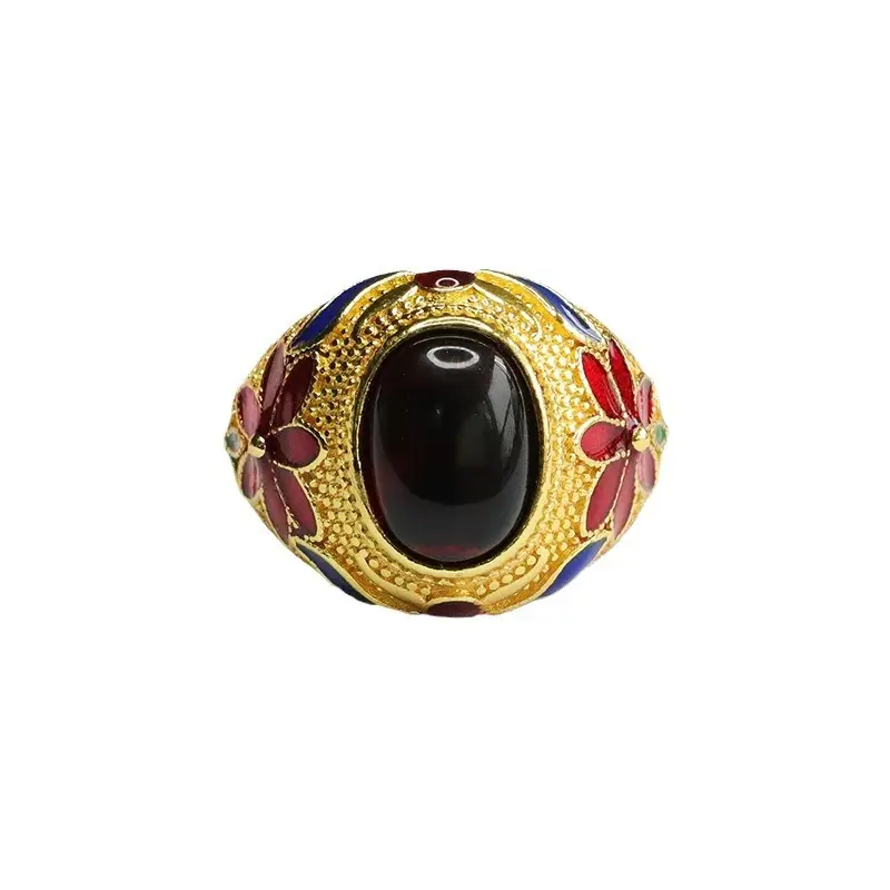 Guan Yu Ethnic Amber Ring Blood Red Floral Design - Image 6