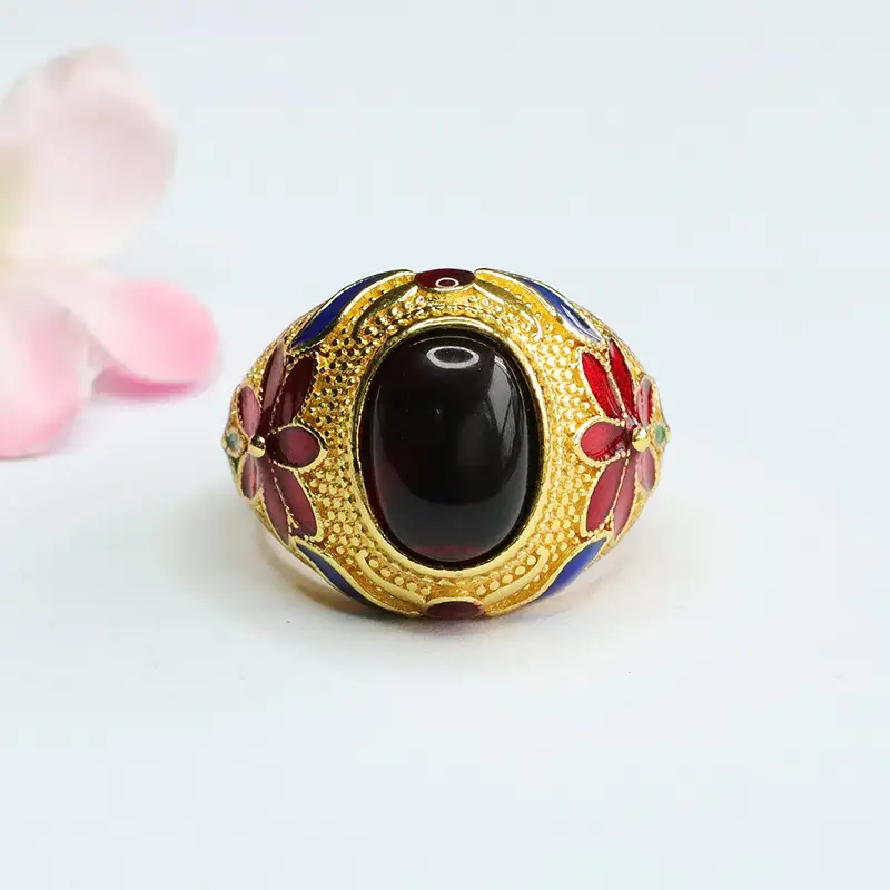 Guan Yu Ethnic Amber Ring Blood Red Floral Design — feature 4