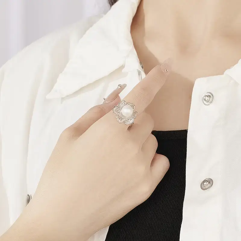 Gold Pearl Flower Ring for Women Open Index - Image 2