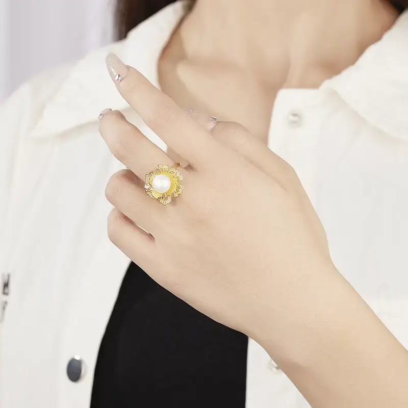 Gold Pearl Flower Ring for Women Open Index - Image 3
