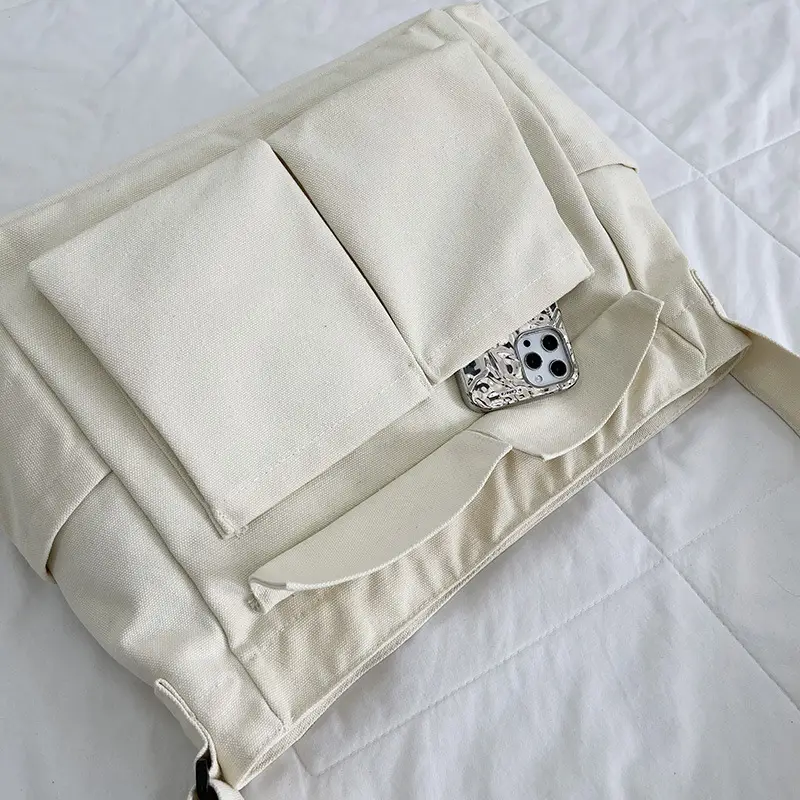 Women's Large Canvas Shoulder Bag with Multiple Pockets - Image 4