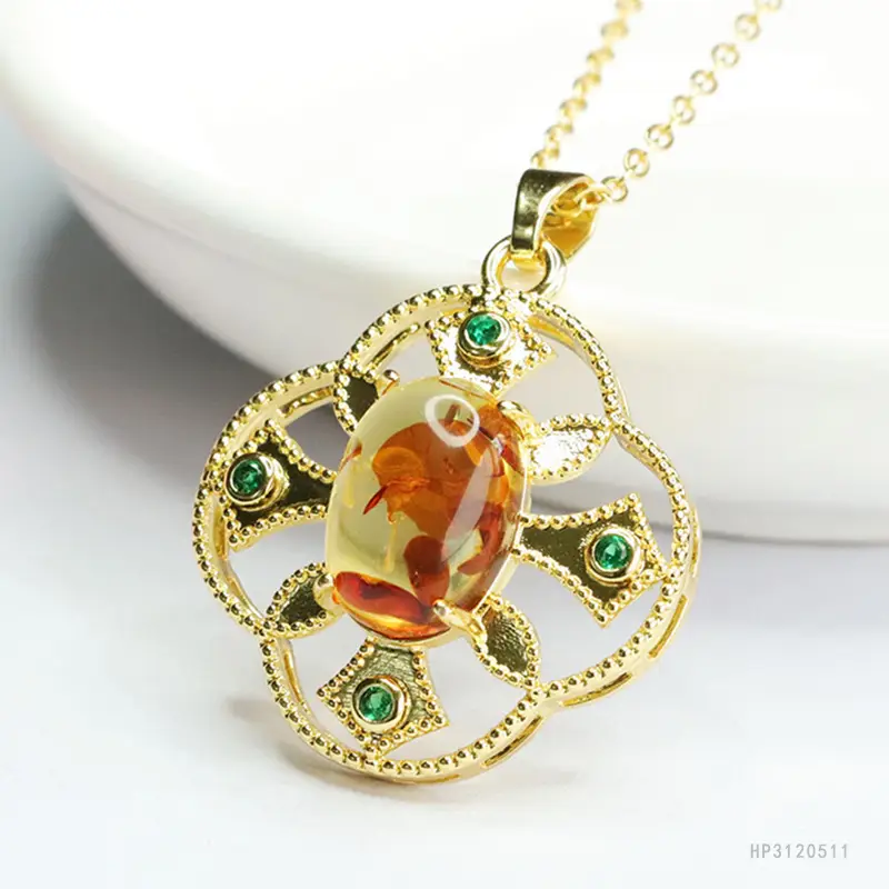 Guan Yu Natural Amber Pendant Necklace Ethnic Style Gold - Image 3