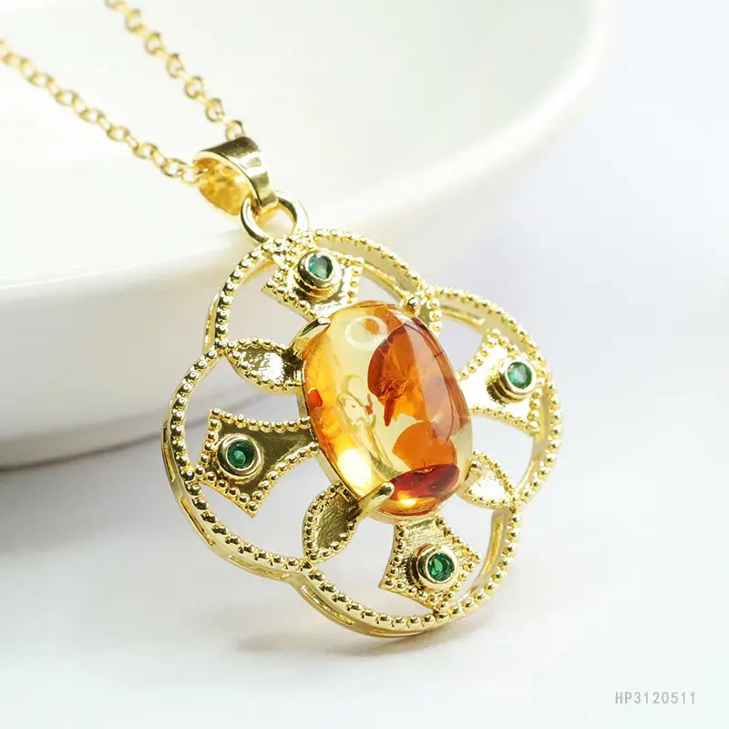 Guan Yu Natural Amber Pendant Necklace Ethnic Style Gold - Image 4