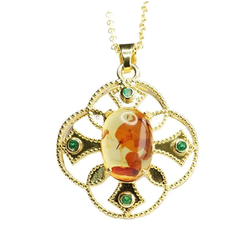 Guan Yu Natural Amber Pendant Necklace Ethnic Style Gold - Image 6