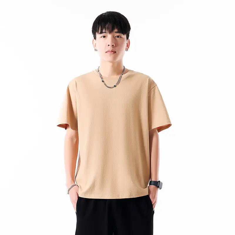 Men Cotton T-Shirt Cream Round Neck Loose Fit - Image 8