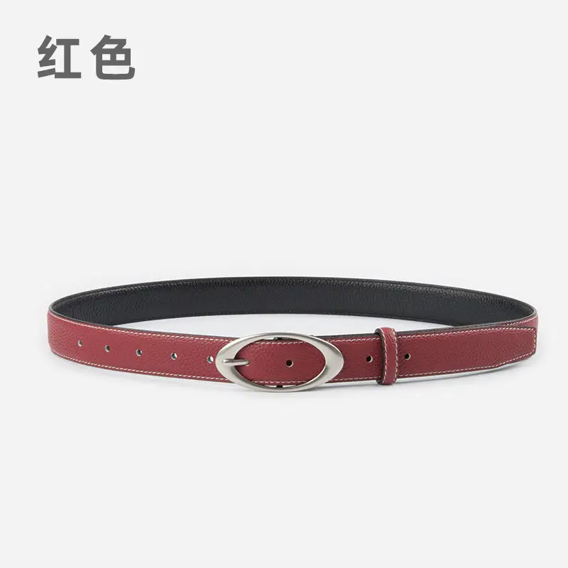 Women's Genuine Leather Belt Red Black Top Litchi Pattern - Image 6