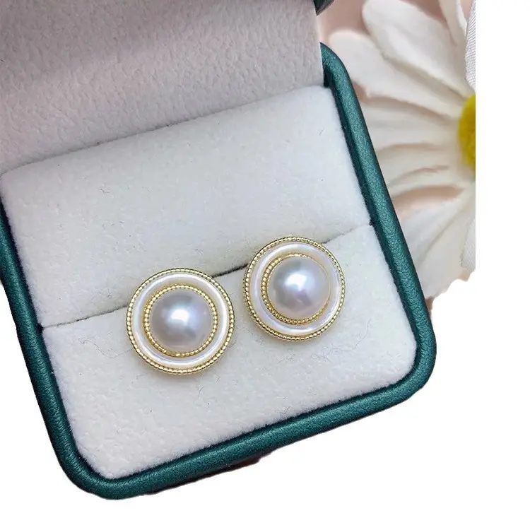 Natural Pearl Earrings 9-10MM Retro Socialite Style - Image 9