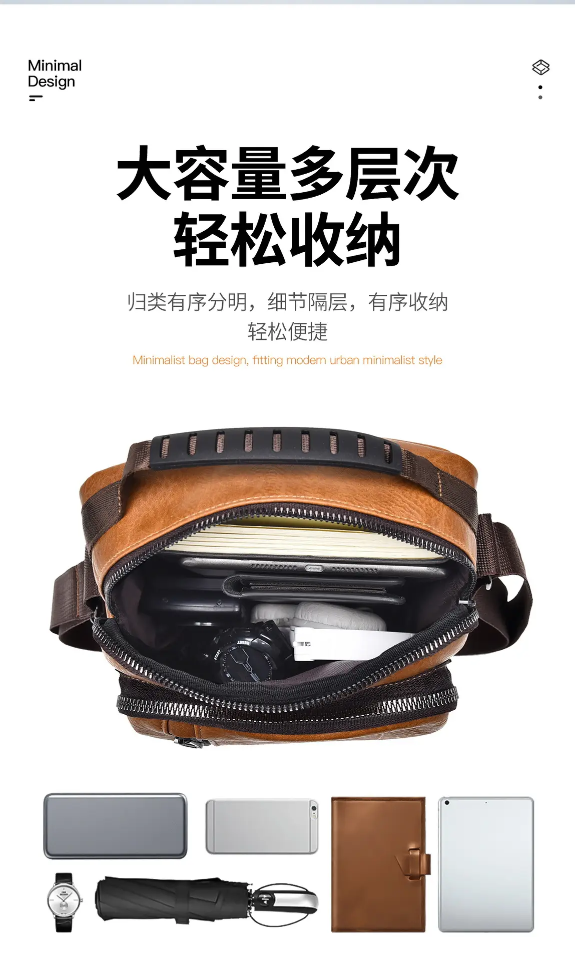 Men's Retro Brown Crossbody Bag with Water Proof Strap — feature 12