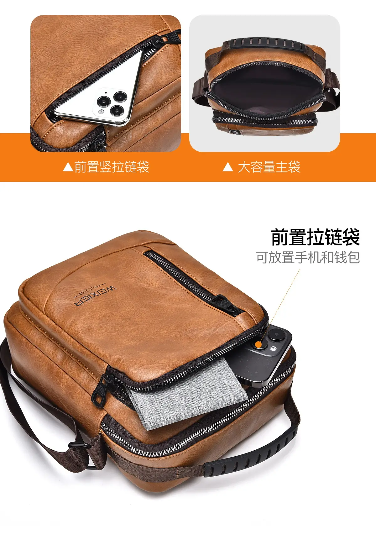 Men's Retro Brown Crossbody Bag with Water Proof Strap — feature 13