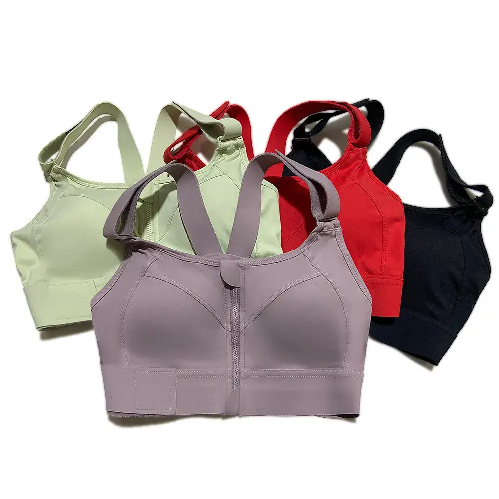 Plus size American high-strength shockproof sports underwear women's running training yoga YKK front zipper Velcro bra