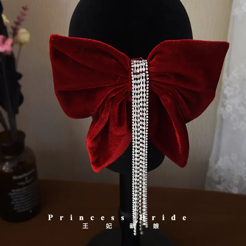 Red Velvet Bow Hairpin for Women High-Grade Bridal Tie - Image 8