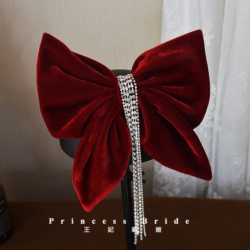 Red Velvet Bow Hairpin for Women High-Grade Bridal Tie - Image 9