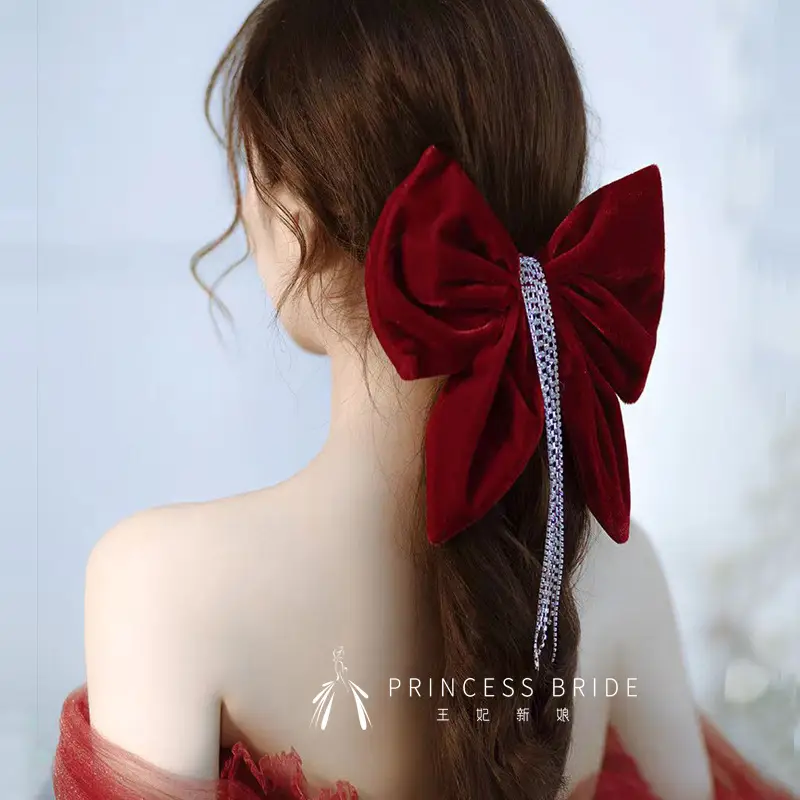 Red Velvet Bow Hairpin for Women High-Grade Bridal Tie - Image 10