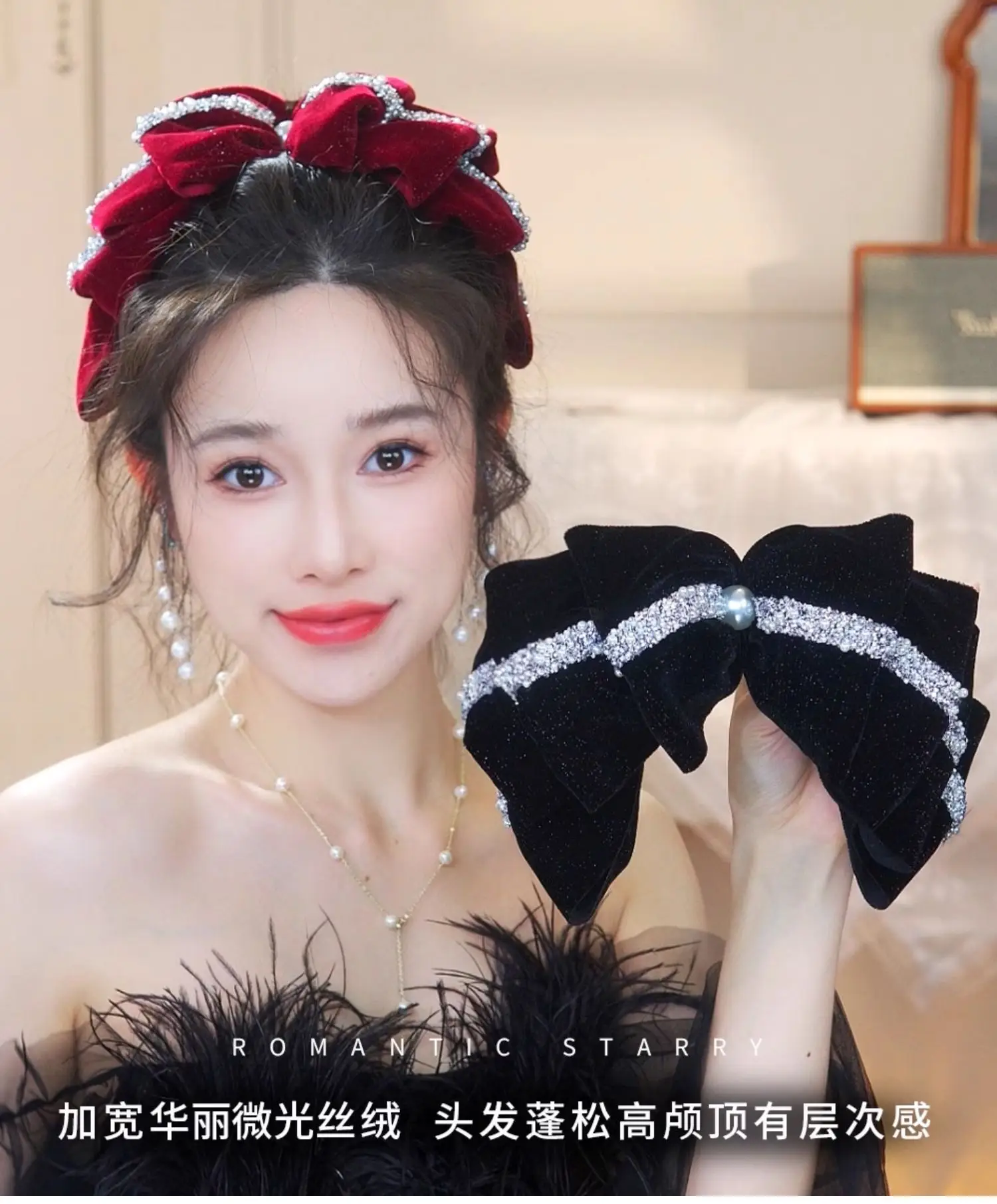 Red Velvet Bow Hairpin for Women High-Grade Bridal Tie — feature 11