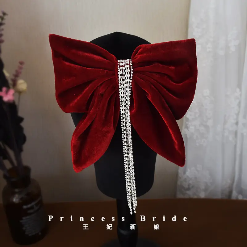 Red Velvet Bow Hairpin for Women High-Grade Bridal Tie — feature 3