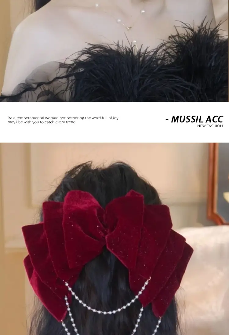 Red Velvet Bow Hairpin for Women High-Grade Bridal Tie — feature 9