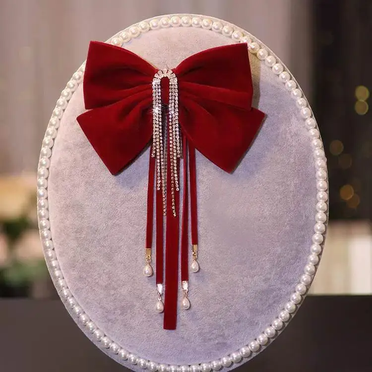 Red Velvet Bow Hairpin for Women High-Grade Bridal Tie - Image 3