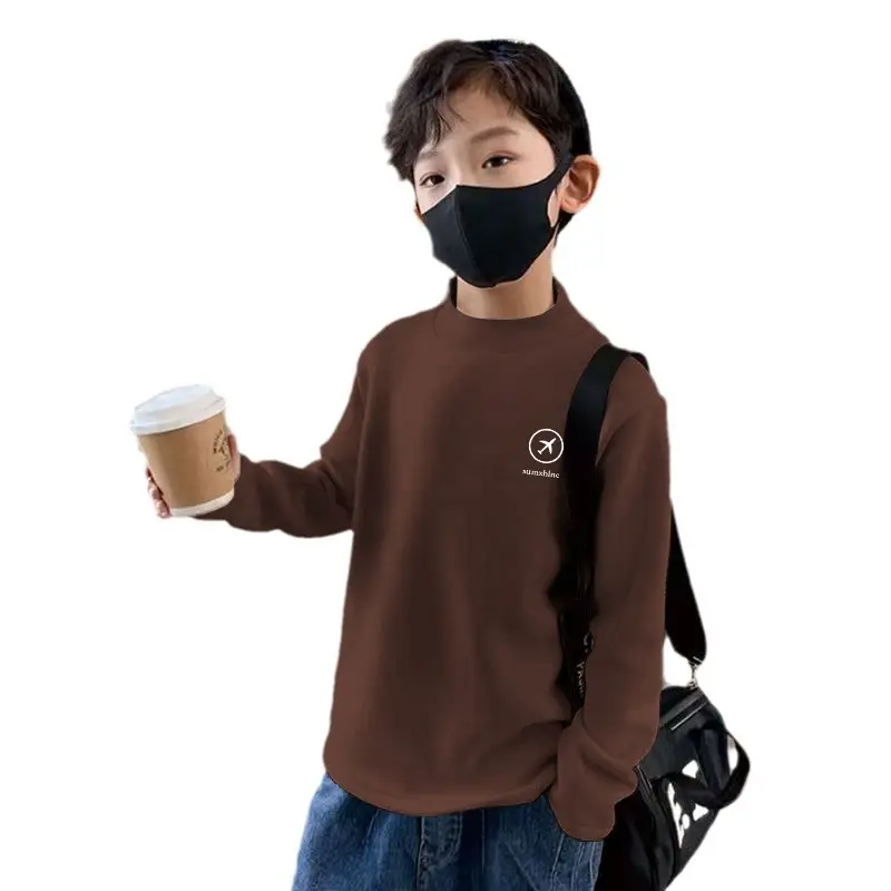 2024 Winter Long Sleeve T-Shirt for Boys Brown Velvet Bottom - Image 11