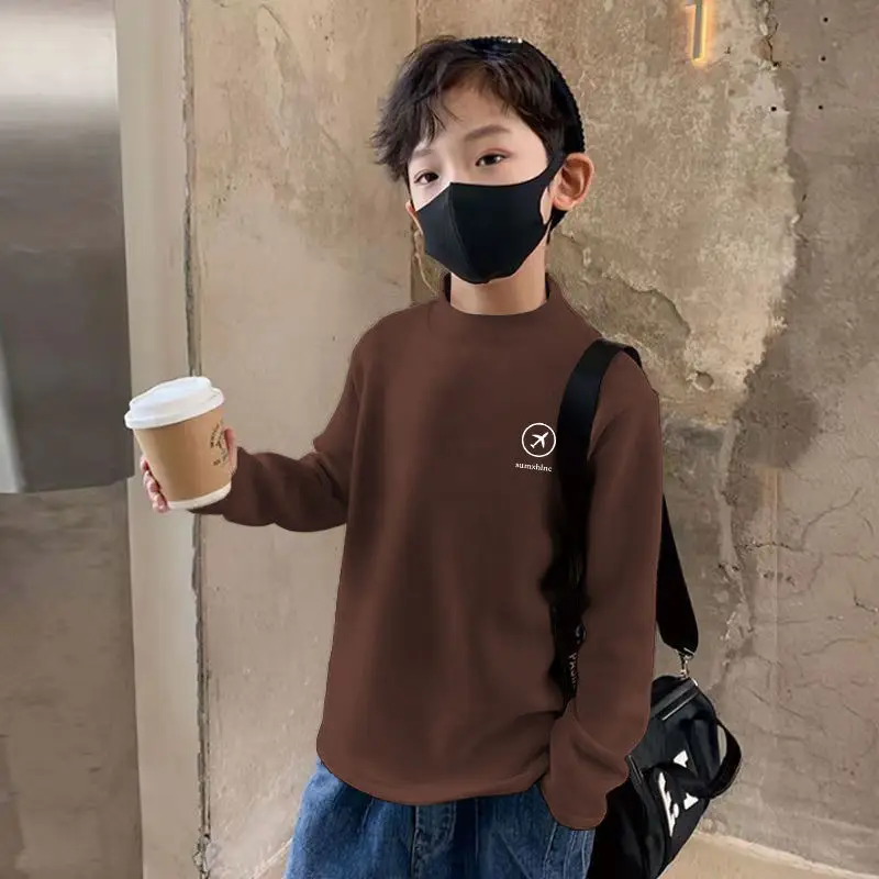 2024 Winter Long Sleeve T-Shirt for Boys Brown Velvet Bottom — feature 12