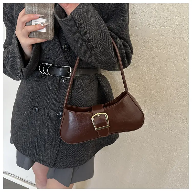 Brown Korean Style Shoulder Bag with Gold Buckle - Image 7
