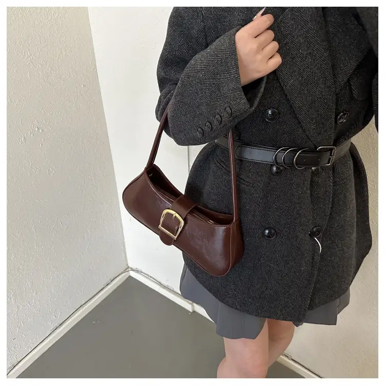Brown Korean Style Shoulder Bag with Gold Buckle — feature 10