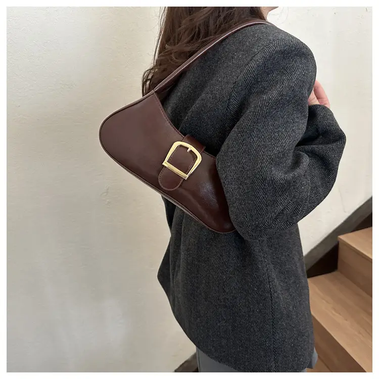 Brown Korean Style Shoulder Bag with Gold Buckle — feature 11