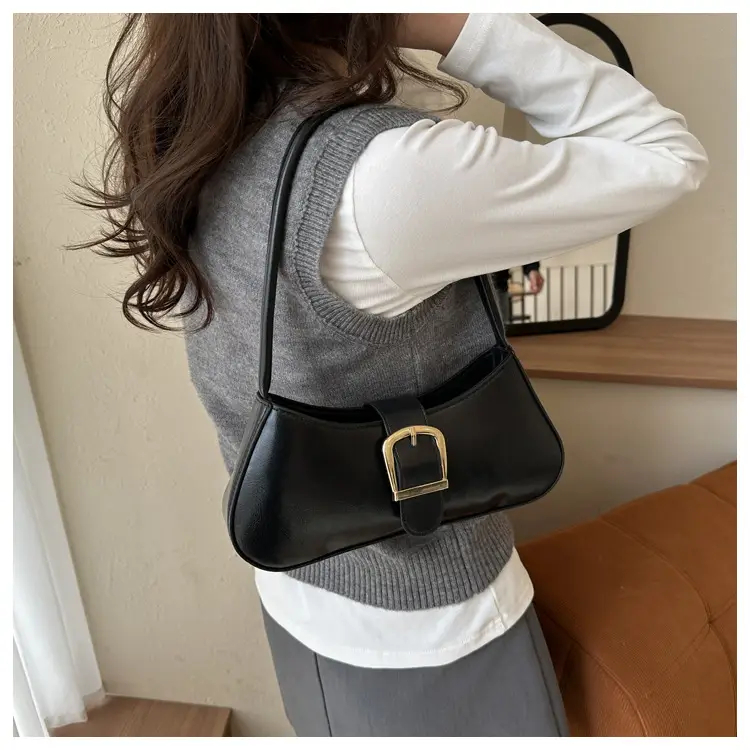 Brown Korean Style Shoulder Bag with Gold Buckle — feature 13