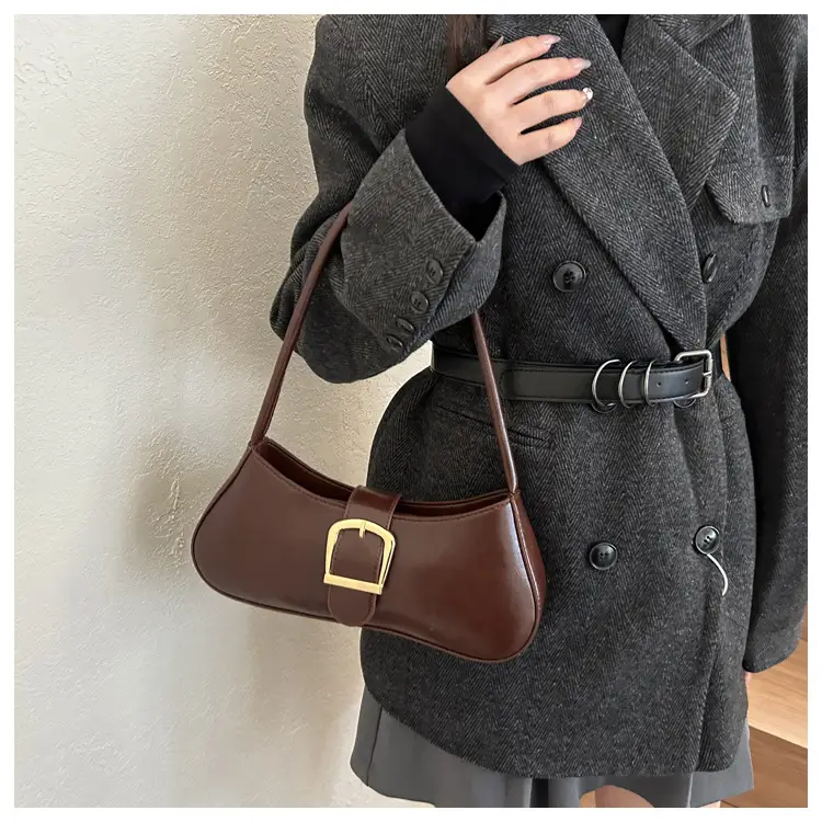 Brown Korean Style Shoulder Bag with Gold Buckle — feature 16