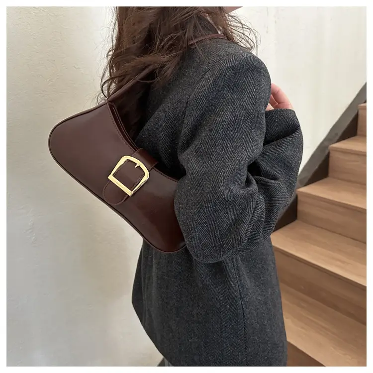 Brown Korean Style Shoulder Bag with Gold Buckle — feature 17