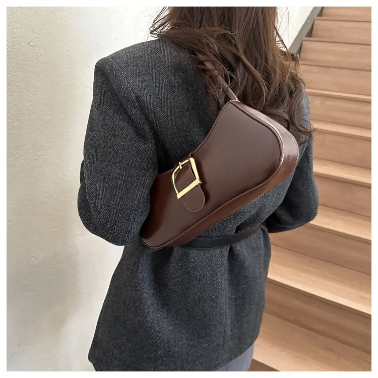 Brown Korean Style Shoulder Bag with Gold Buckle — feature 18