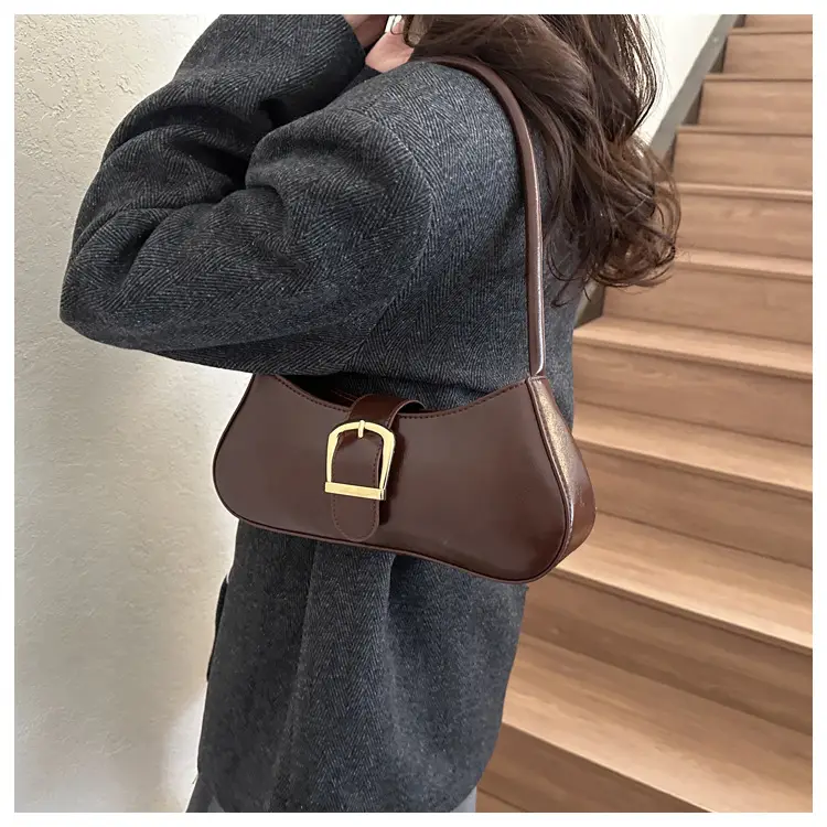 Brown Korean Style Shoulder Bag with Gold Buckle — feature 19