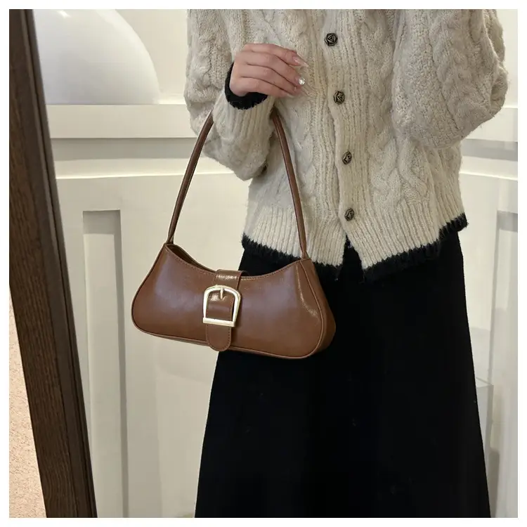 Brown Korean Style Shoulder Bag with Gold Buckle — feature 20