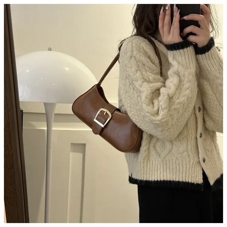 Brown Korean Style Shoulder Bag with Gold Buckle — feature 21