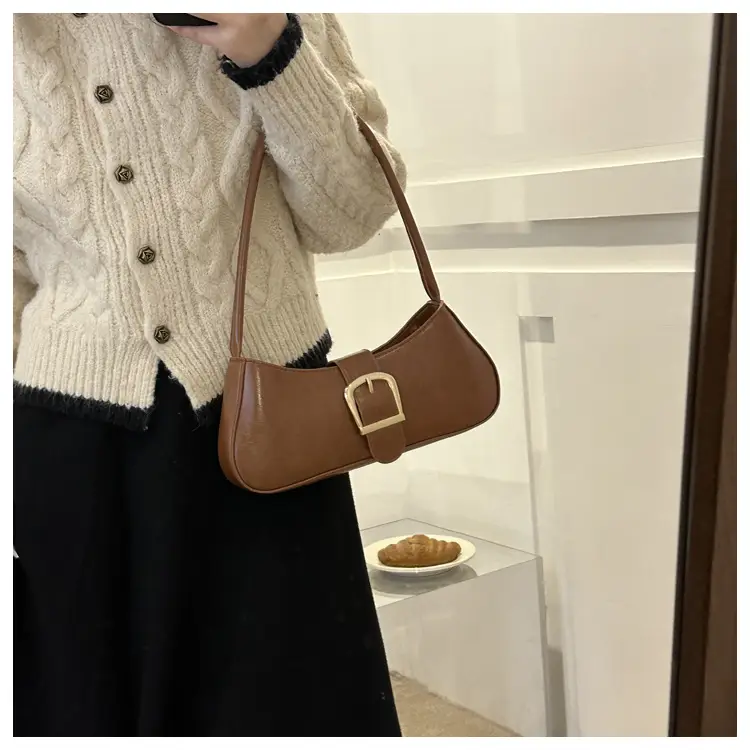 Brown Korean Style Shoulder Bag with Gold Buckle — feature 22