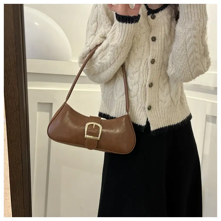 Brown Korean Style Shoulder Bag with Gold Buckle — feature 23