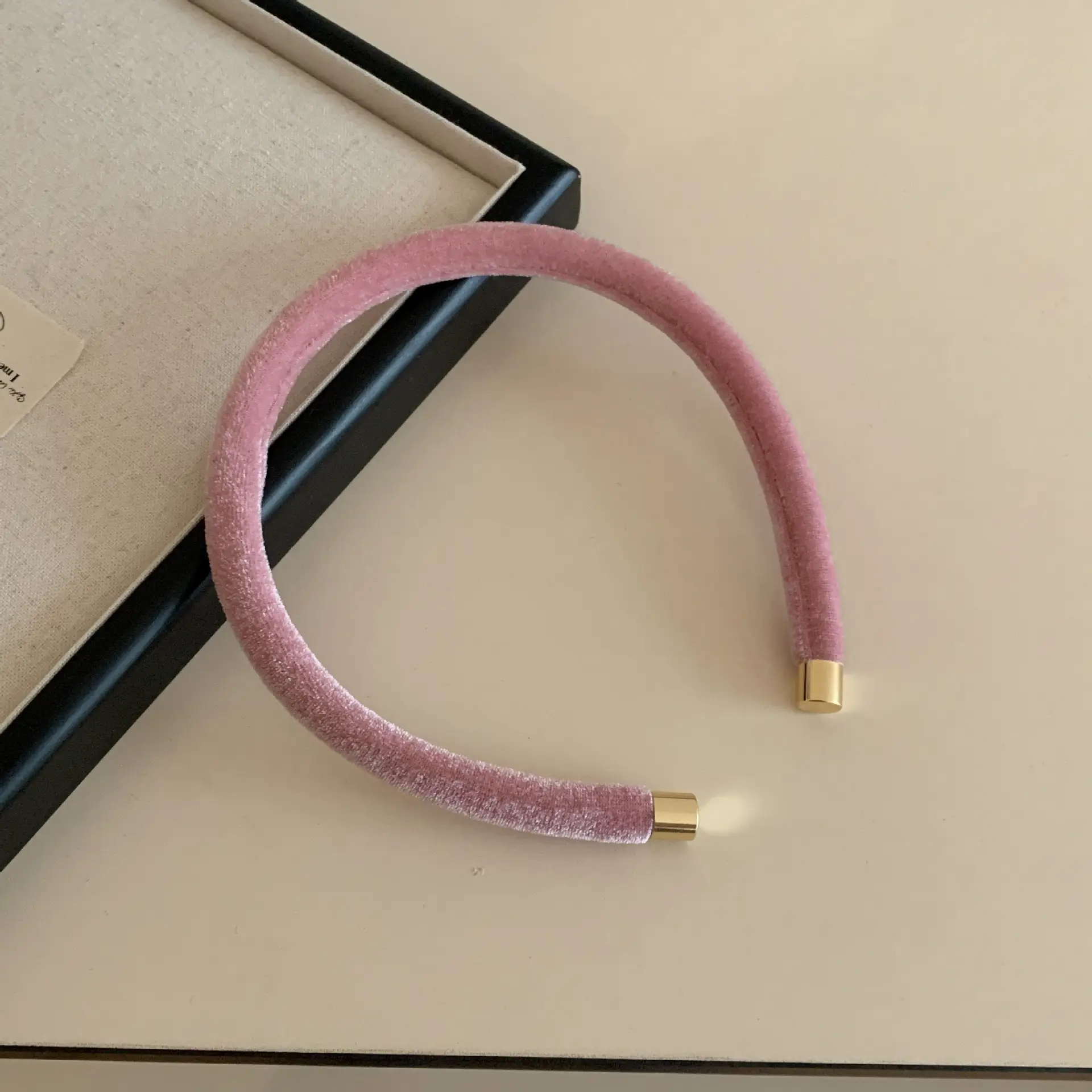 White Velvet Geometric Headband with Gold Ends - Image 5