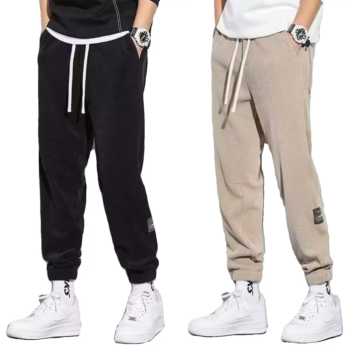 Men Fleece Warm Pants Winter Casual Beige Black Beige - Image 13