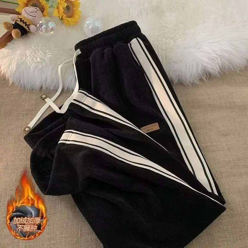 Men's Black Striped Loose Fit Winter Pants
