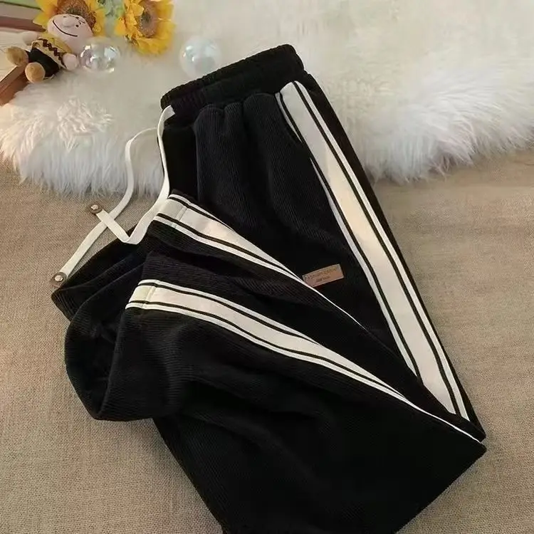 Men's Black Striped Loose Fit Winter Pants