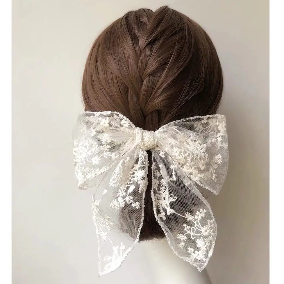 Lace Bow Hairpin with Embroidered Rubber Band