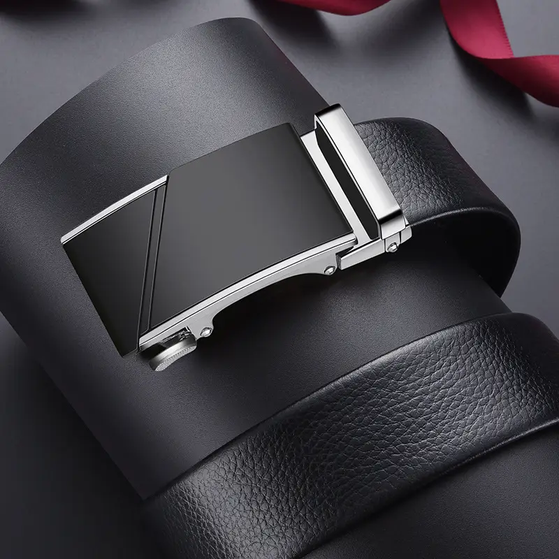 Men's Black Leather Belt with Gold Buckle - Image 5
