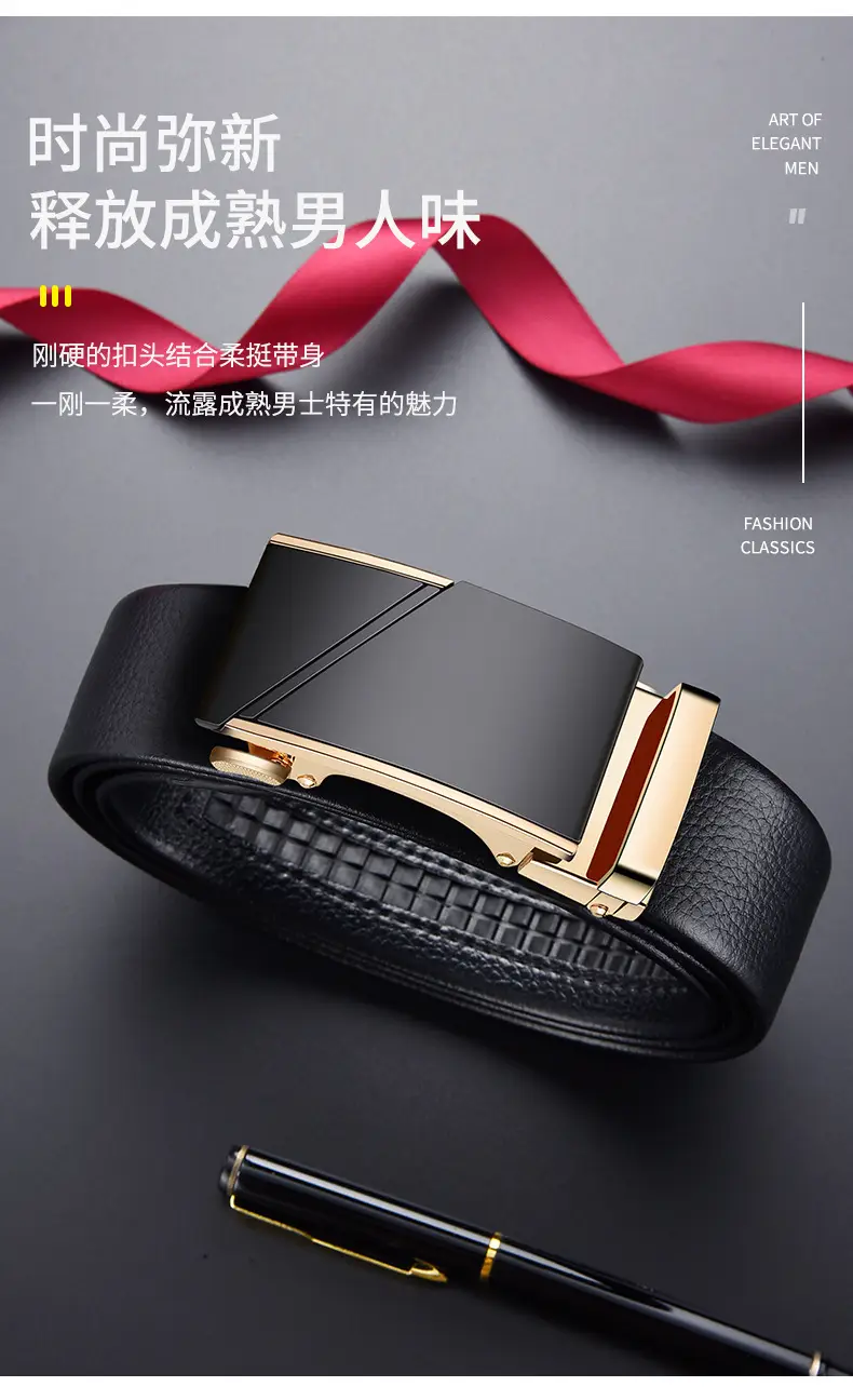 Men's Black Leather Belt with Gold Buckle — feature 4