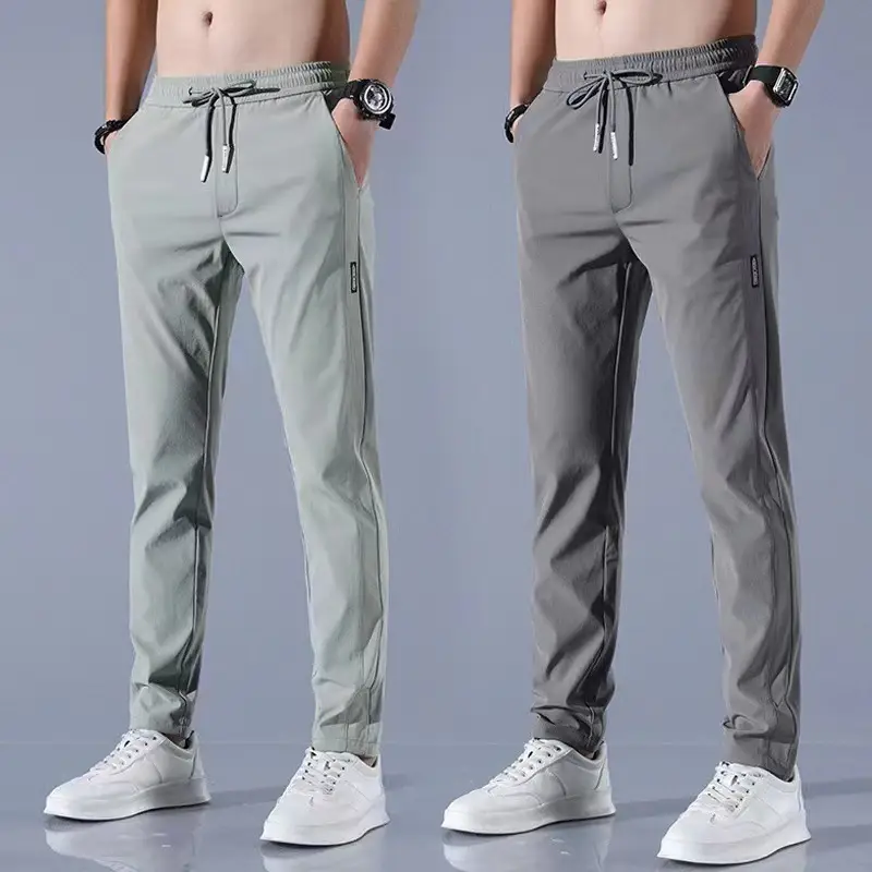 Men Black Ice Silk Stretch Pants Summer Casual