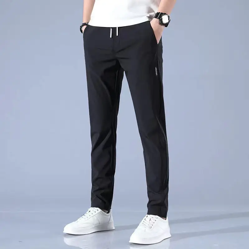 Men Black Ice Silk Stretch Pants Summer Casual