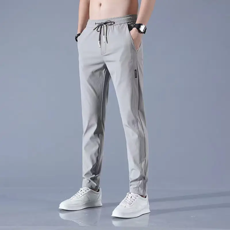 Men Black Ice Silk Stretch Pants Summer Casual