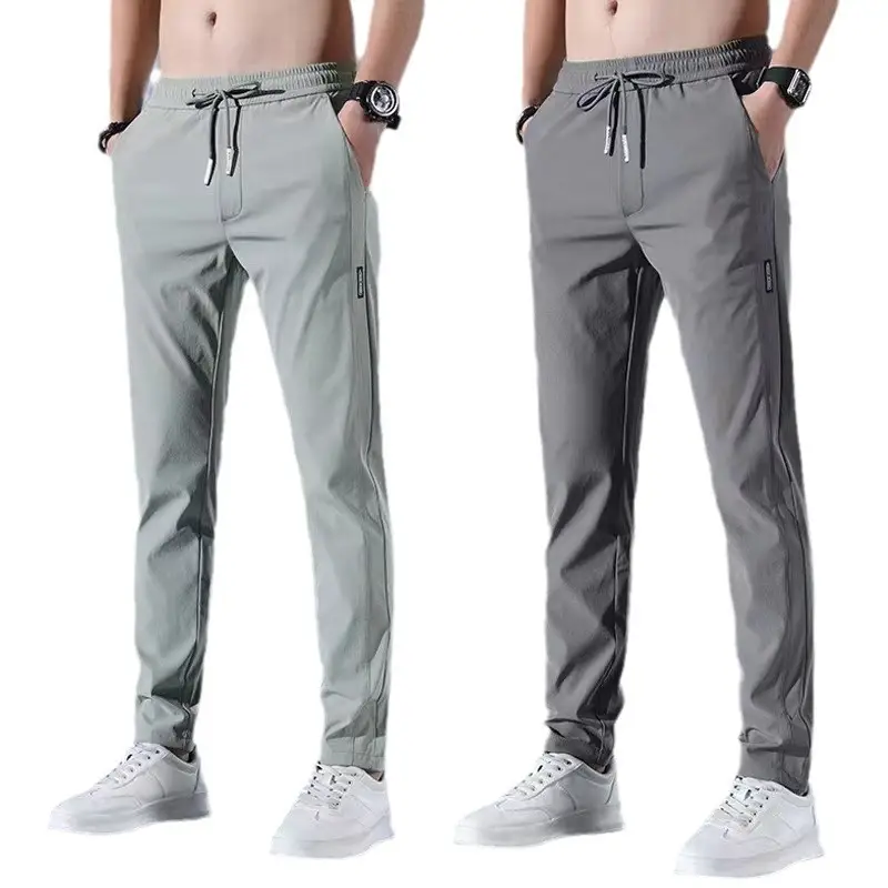 Men Black Ice Silk Stretch Pants Summer Casual