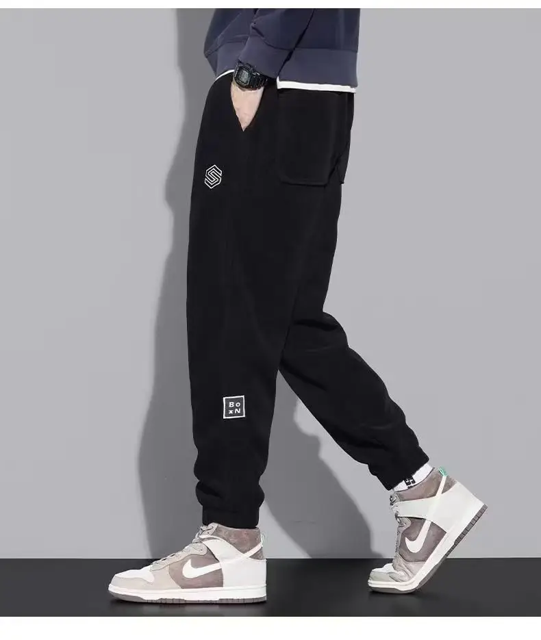 Men Fleece Lined Black Winter Sweatpants with Hexagon Patch — feature 9