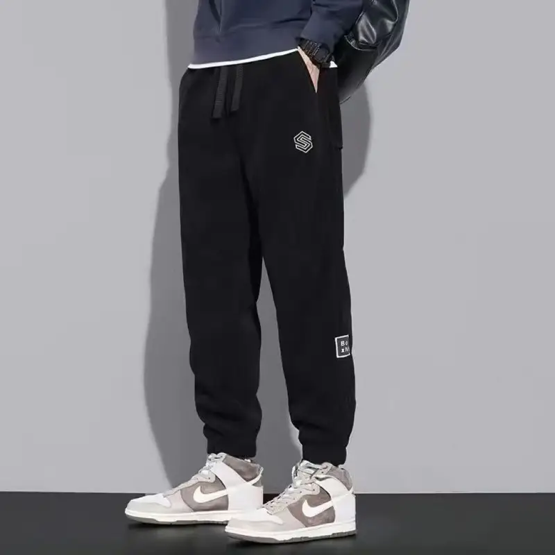 Men Fleece Lined Black Winter Sweatpants with Hexagon Patch